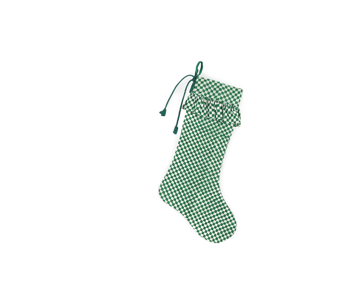 Celadon Green Check – Hand Block Printed Christmas Stocking With Frill (16" × 5")