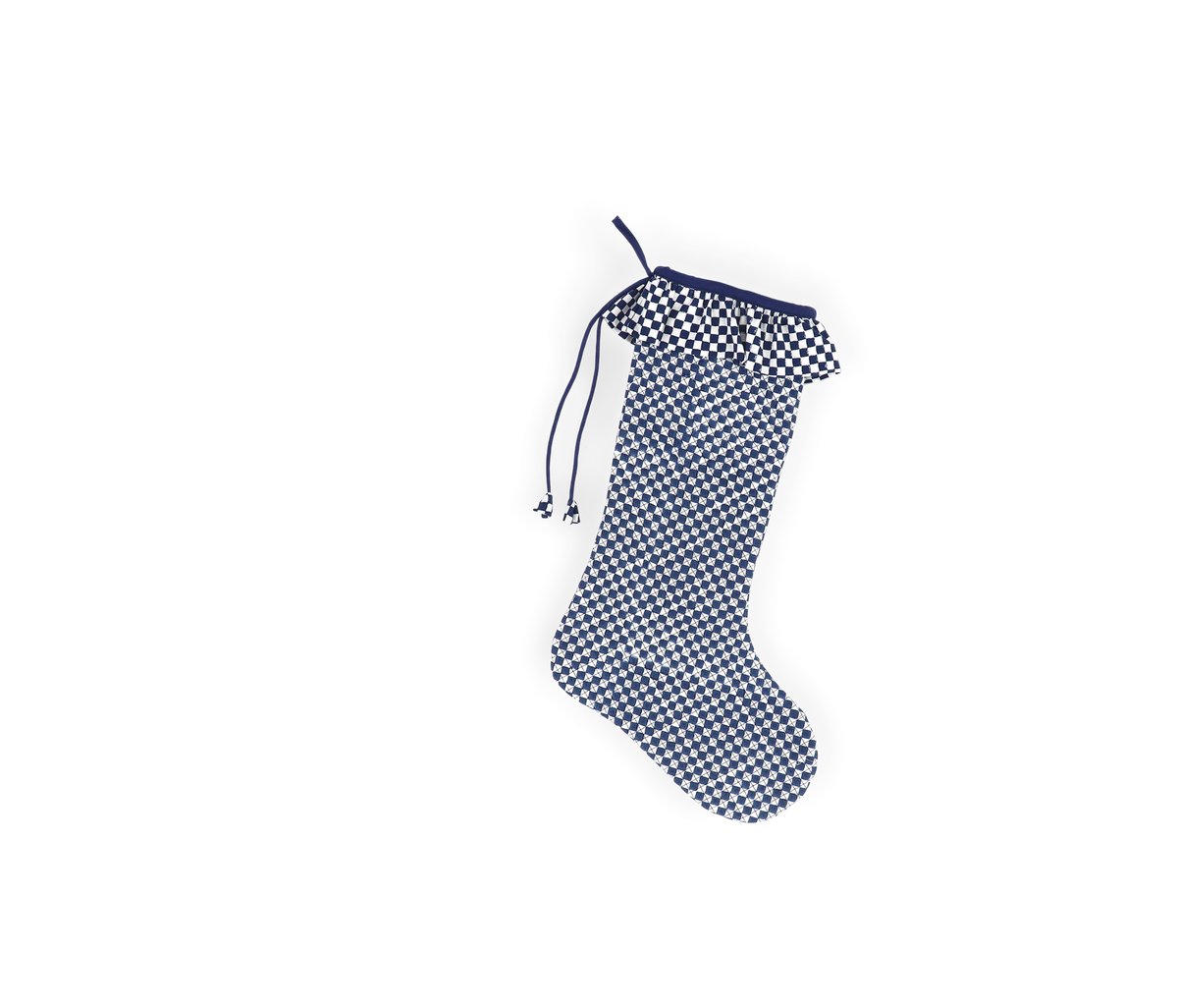 Harbor Blue Check – Hand Block Printed Christmas Stocking Piping With Frill (16" × 5")