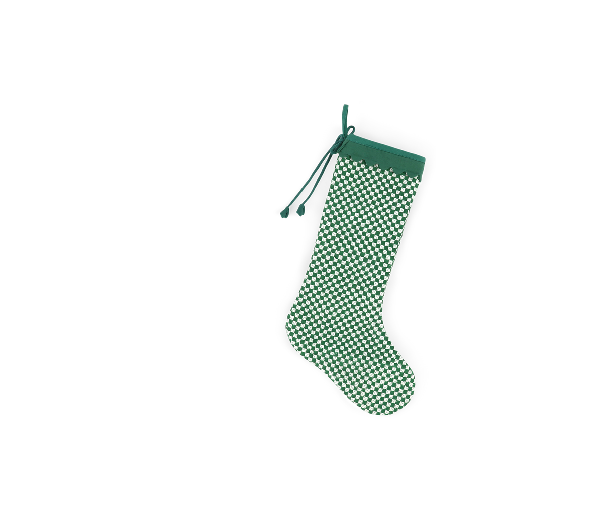 Celadon Green Check – Hand Block Printed Christmas Stocking With Scalloped Edge (16" × 5")