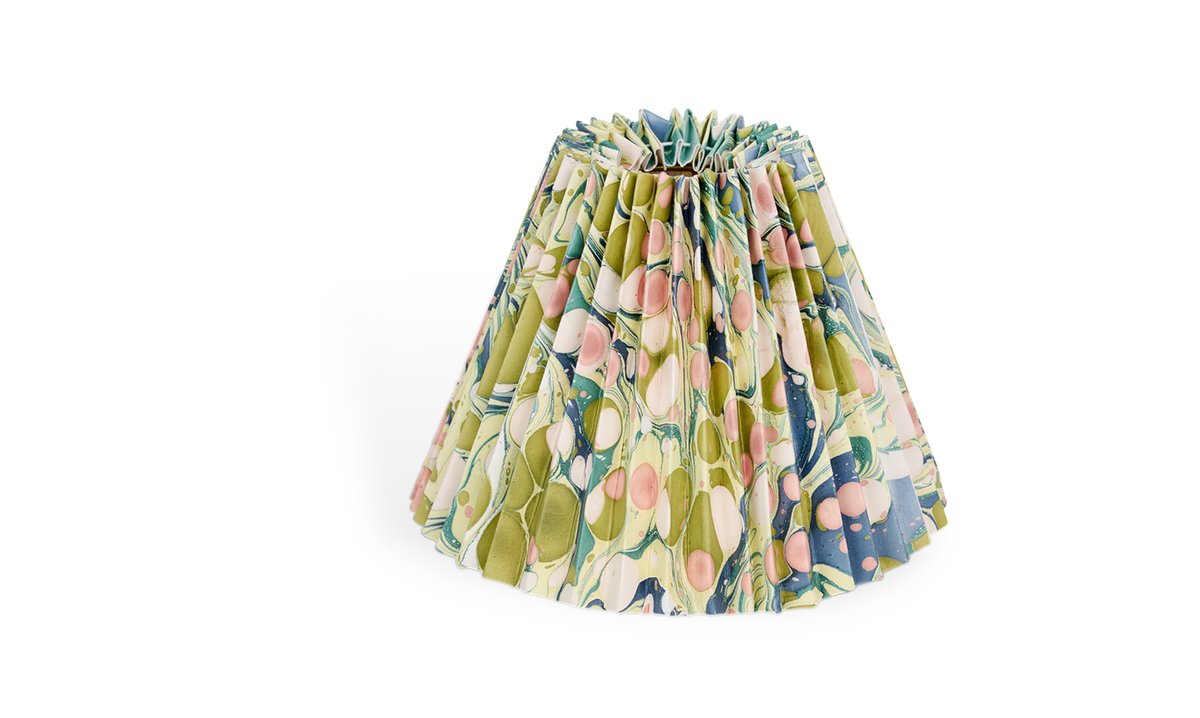 Moss Stone – Hand Marbled Pleated Lampshade (8” H x 10” W x 5.5” Ø | 100% Recycled Cotton Paper)