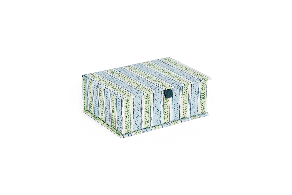 Sage Stripe Vine – Hand Block Printed Keepsake Box (6.75” x 5” x 2.75” | 100% Recycled Cotton Paper)