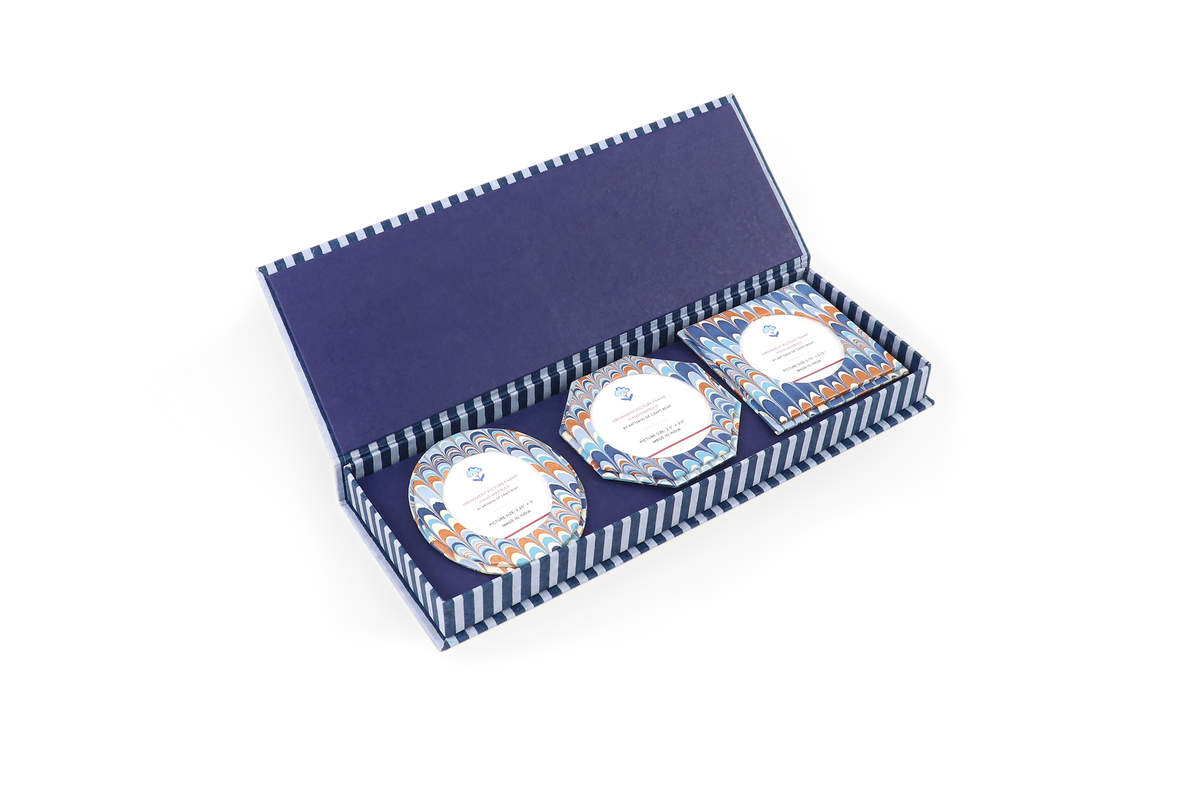 Harbor Blue Mountain – Hand Marbled Holiday Ornament Picture Frame Box (Set of 3 | Hex: 3.5" × 3.5", Oval: 3.25" × 3.75", Square: 3.5" × 3.5")