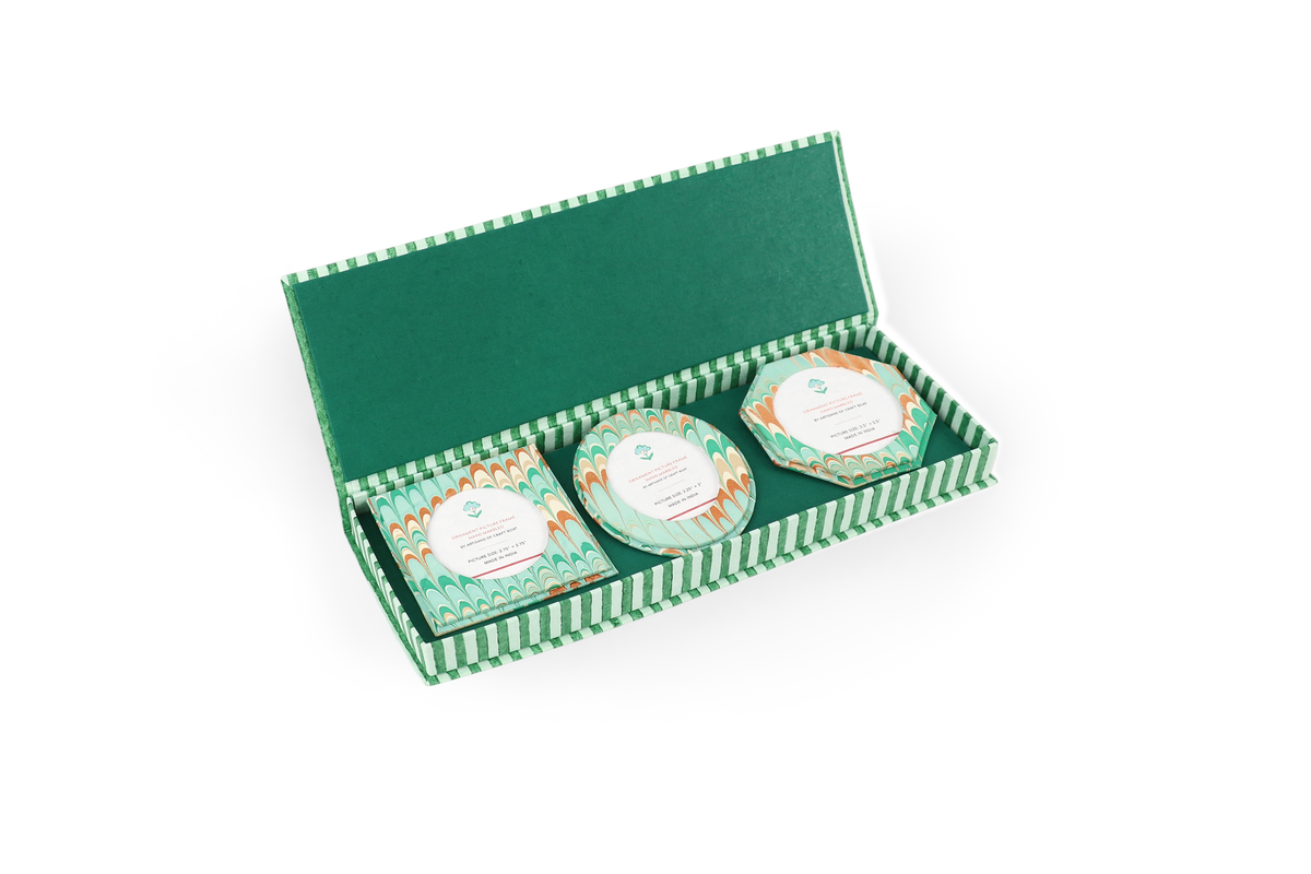Celadon Green Mountain – Hand Marbled Holiday Ornament Picture Frame Box (Set of 3 | Hex: 3.5" × 3.5", Oval: 3.25" × 3.75", Square: 3.5" × 3.5")