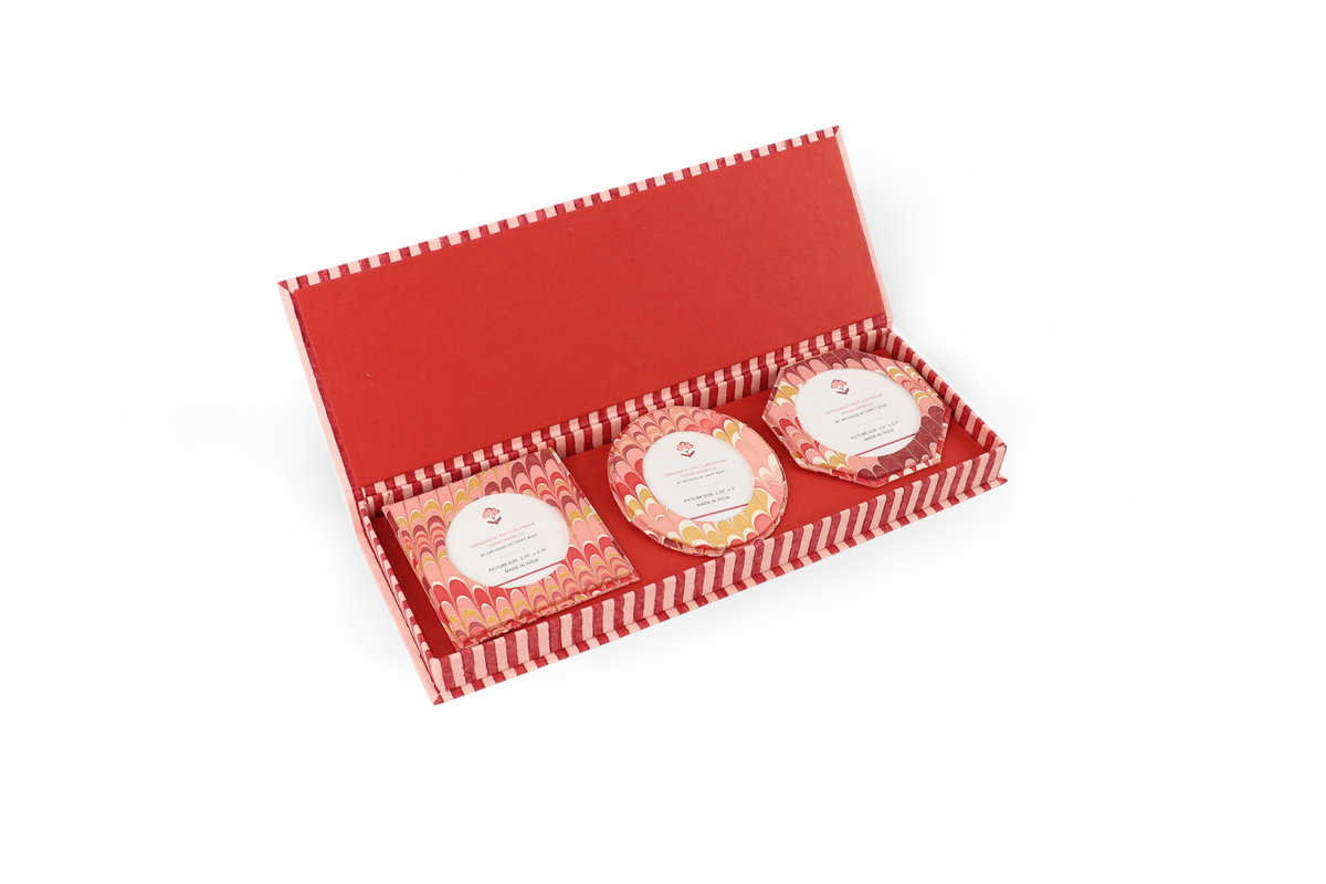 Garnet Red Mountain – Hand Marbled Holiday Ornament Picture Frame Box (Set of 3 | Hex: 3.5" × 3.5", Oval: 3.25" × 3.75", Square: 3.5" × 3.5")