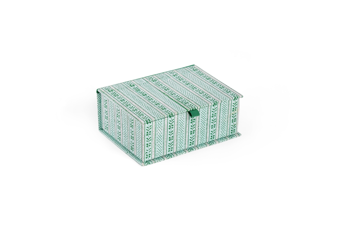 Celadon Green Floral Stripe – Hand Block Printed Keepsake Box (6.75” x 5” x 2.75” | 100% Recycled Cotton Paper)