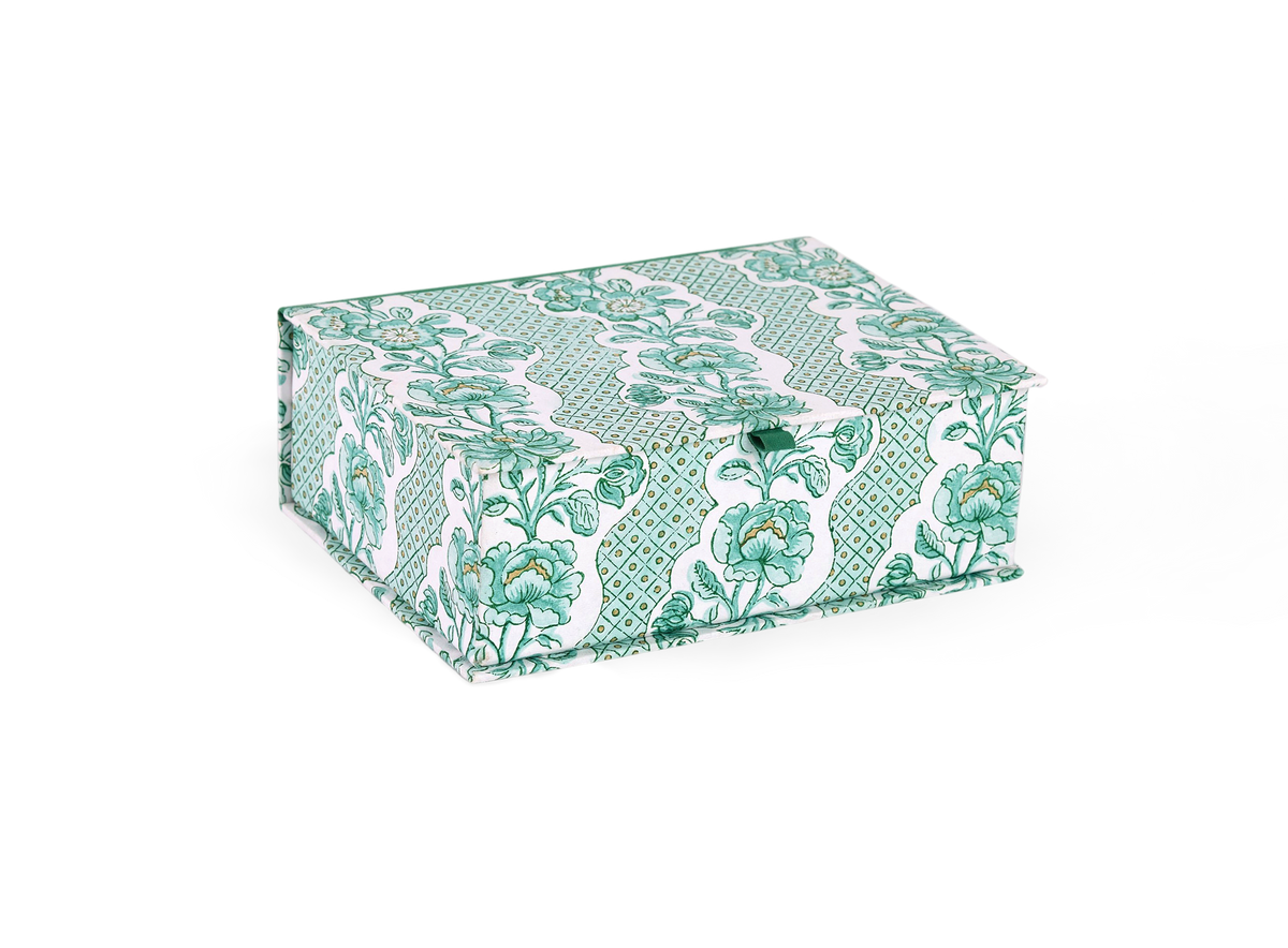 Celadon Green Blooming Trellis – Hand Block Printed Keepsake Box (9.5" x 7" x 3.5" | 100% Recycled Cotton Paper)