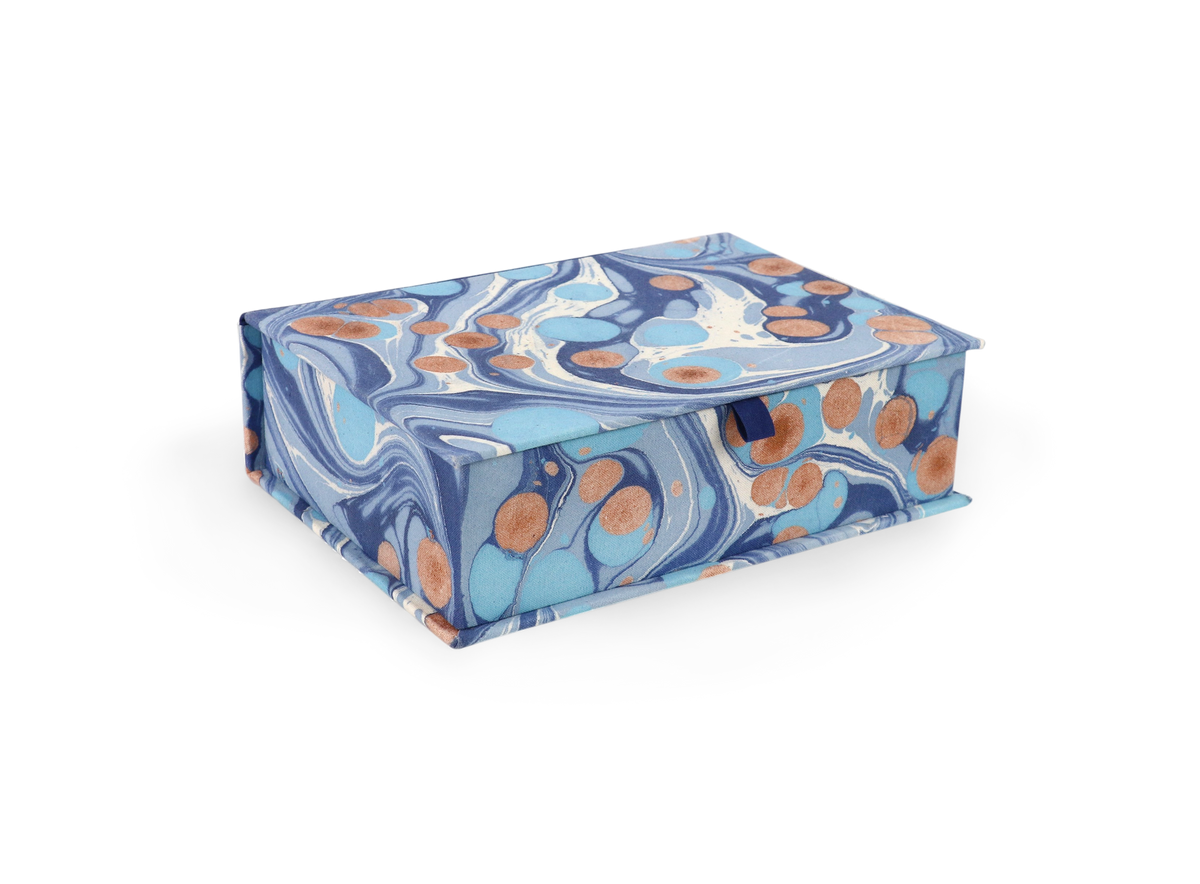 Harbor Blue Pebble – Hand Marbled Keepsake Jewelry Box (9.5” x 7” x 3.5” | 100% Cotton Casement)