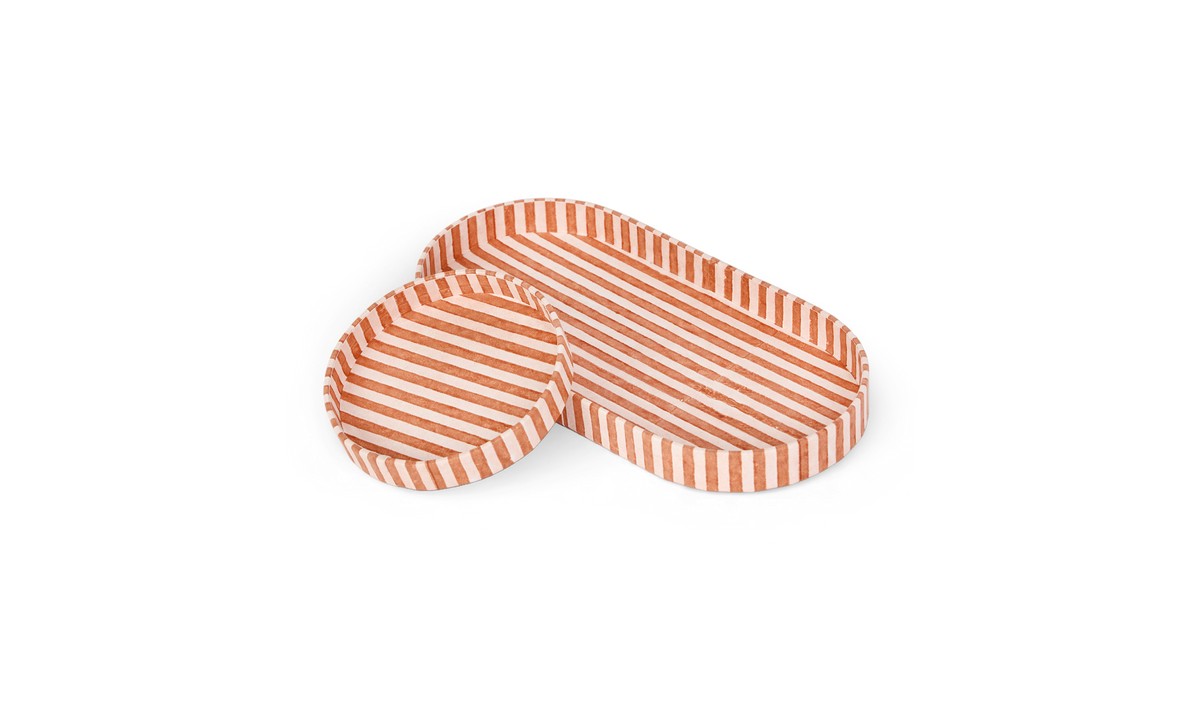 Terracotta Stripe – Hand Block Printed Tray Set (Set of 2) (Large: 4.5" x 9" x 1") (Small: 4" x 4" x 0.6")
