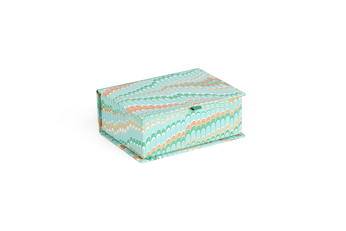 Celadon Green Mountain – Hand Marbled Keepsake Box (6.75” x 5” x 2.75” | 100% Recycled Cotton Paper)