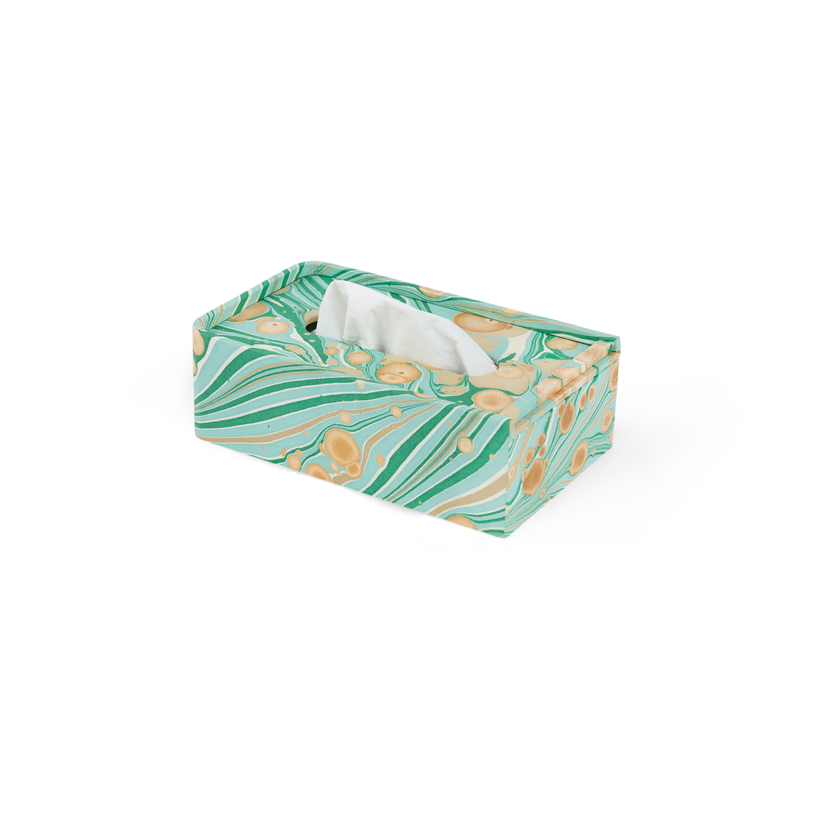 Celadon Green Fire Whirl – Hand Marbled Tissue Box Cover (5.25” W x 8.5” L x 2.75” H)