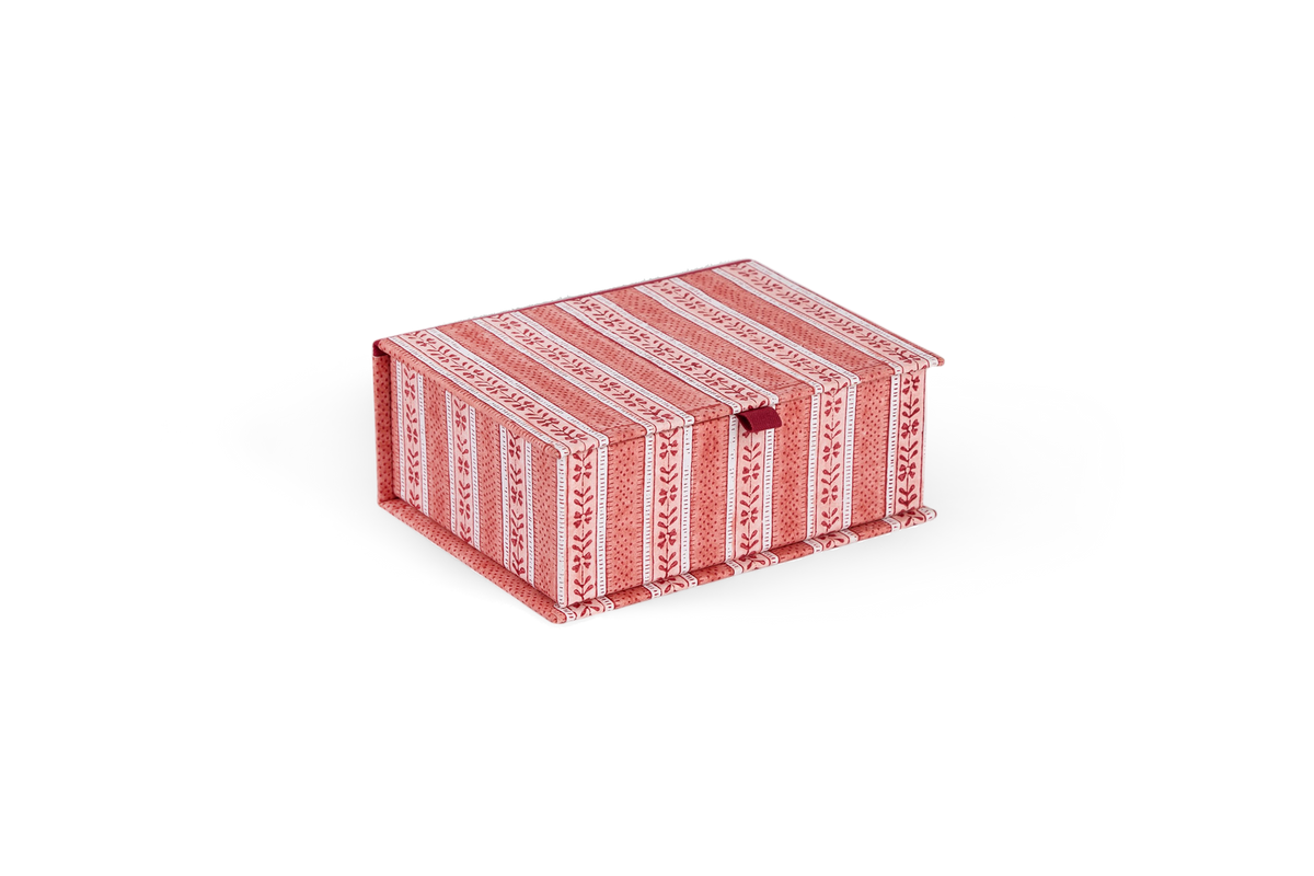 Garnet Red Floral Stripe – Hand Block Printed Keepsake Box (6.75” x 5” x 2.75” | 100% Recycled Cotton Paper)