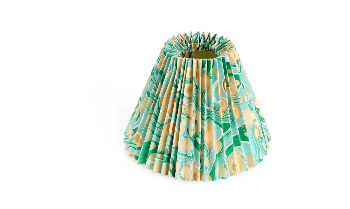 Celadon Green Pebble – Hand Marbled Pleated Lampshade ( 8” H X 10” W x 5.5 Ø | 100% Recycled Cotton Paper)