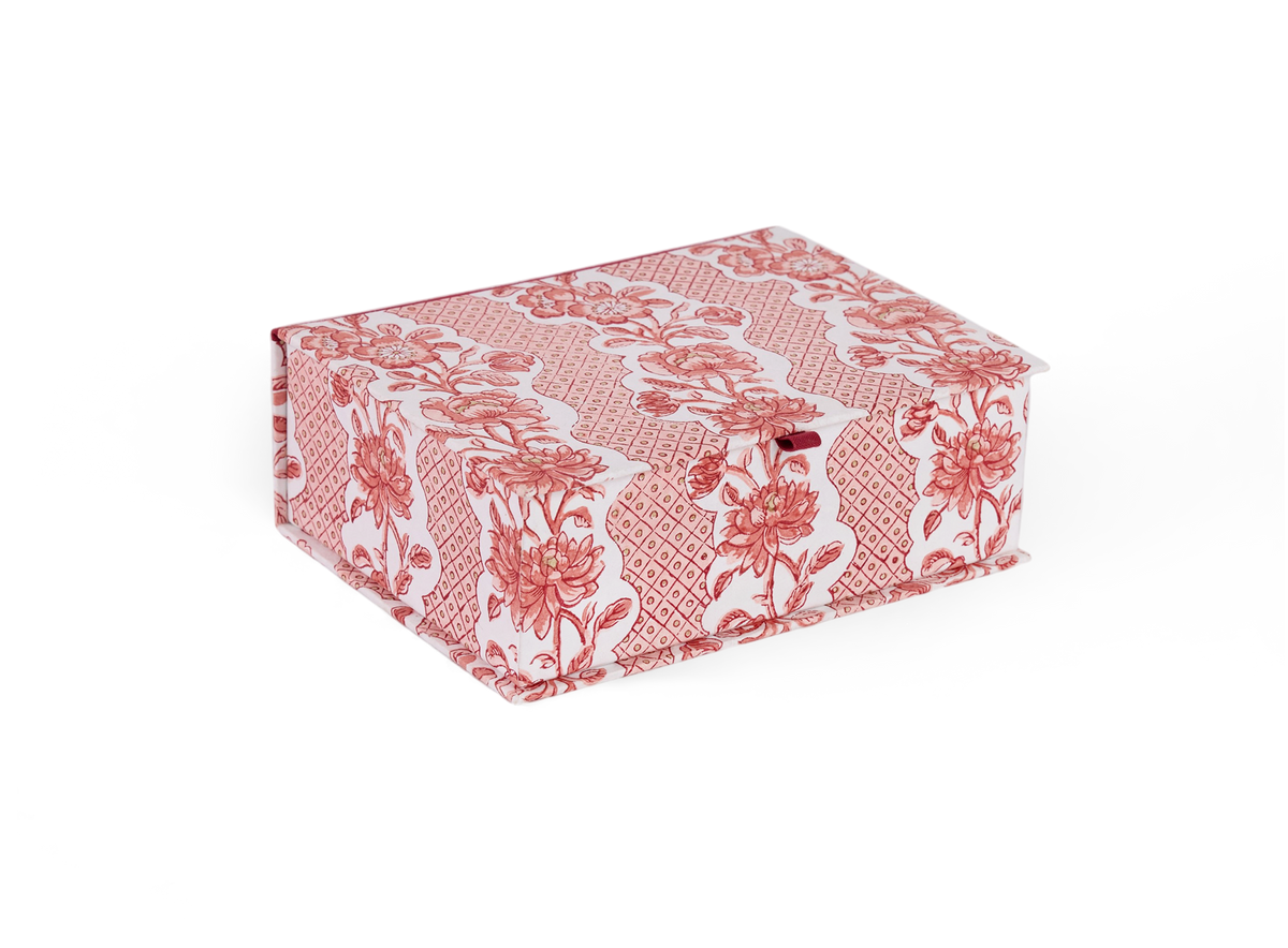 Garnet Red Blooming Trellis – Hand Block Printed Keepsake Box (9.5" x 7" x 3.5" | 100% Recycled Cotton Paper)