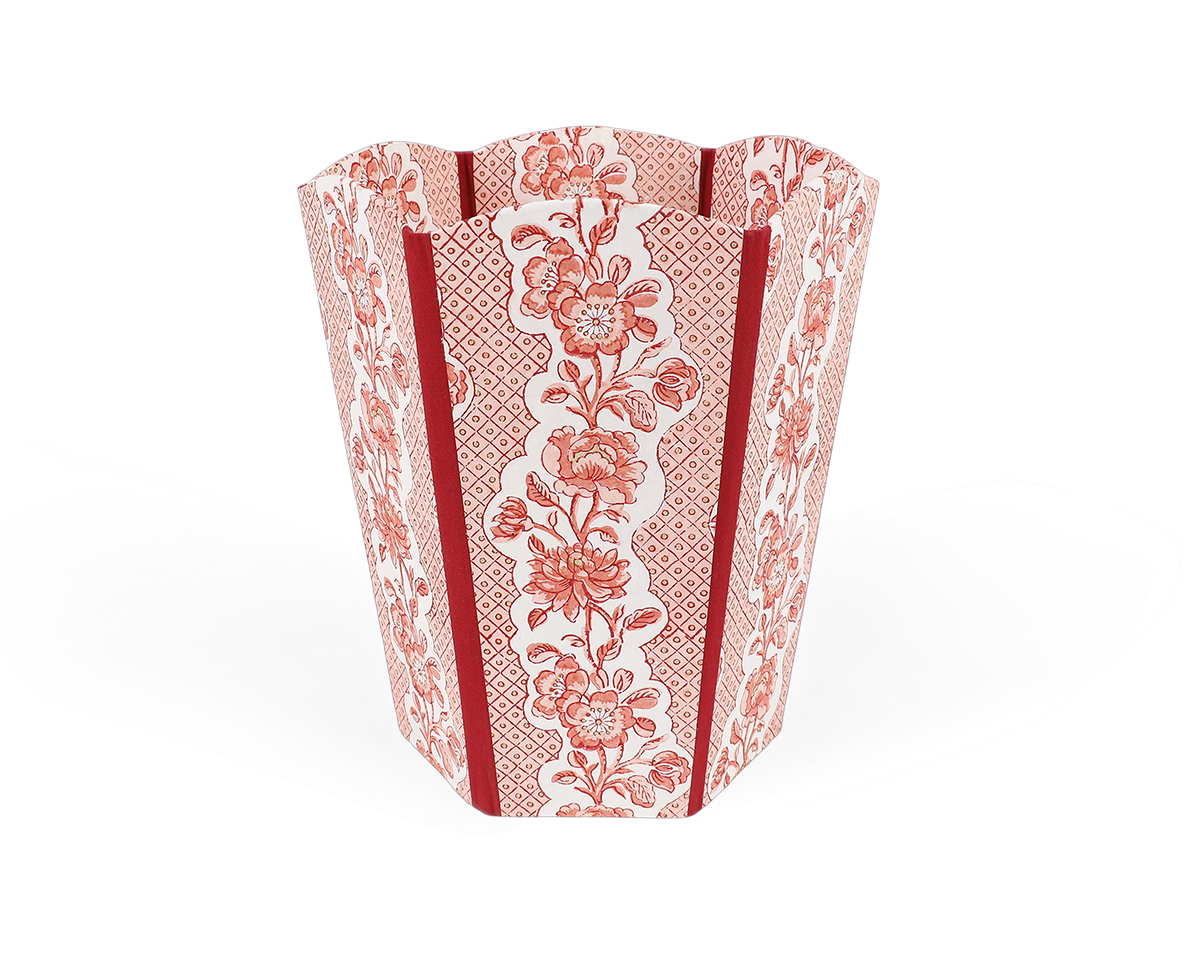 Garnet Red Blooming Trellis – Hand Block Printed Scalloped Basket (9.5" W x 9.5" D x 12" H.)