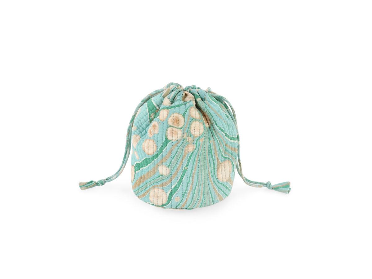 Celadon Green Fire Whirl – Hand Marbled Quilted Pouch (Jewelry & Beauty Organizer)