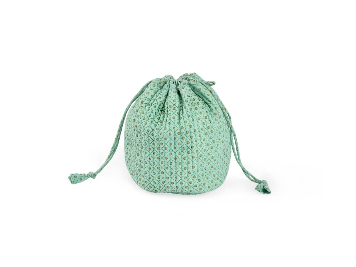 Celadon Geen Dot & Grid – Hand Block Printed Quilted Pouch (Jewelry & Beauty Organizer)