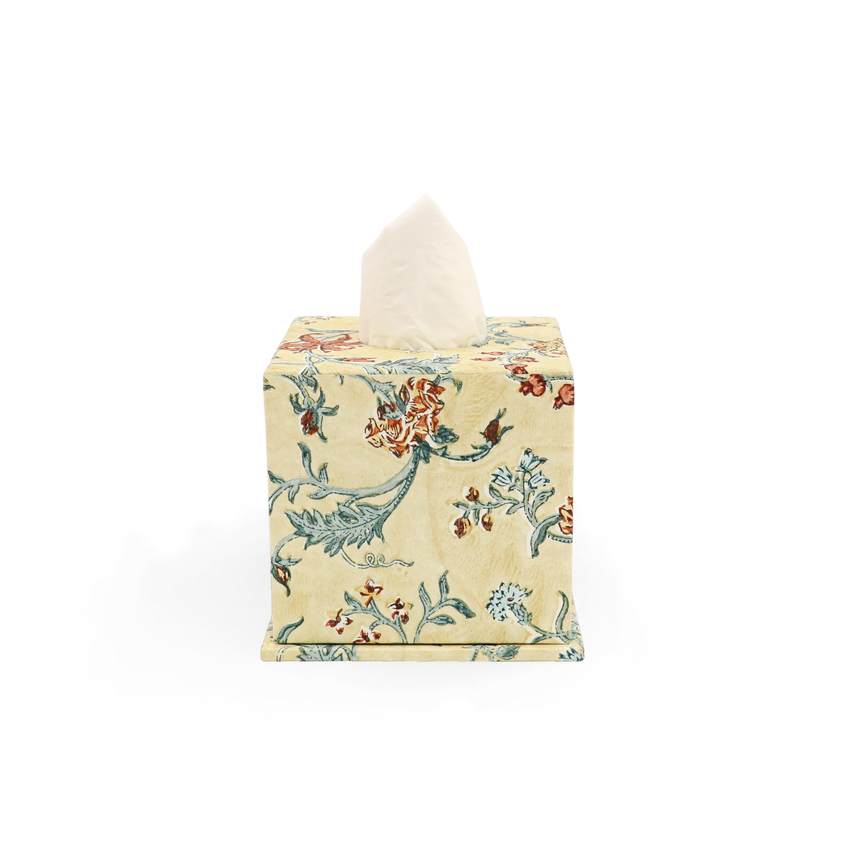 Marigold Garden – Hand Block Printed Tissue Box Cover (5.25” H x 5” W x 5” D)