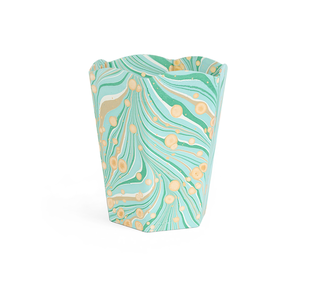 Celadon Green Fire Whirl – Hand Marbled Scalloped Basket (9.5" W x 9.5" D x 12" H)