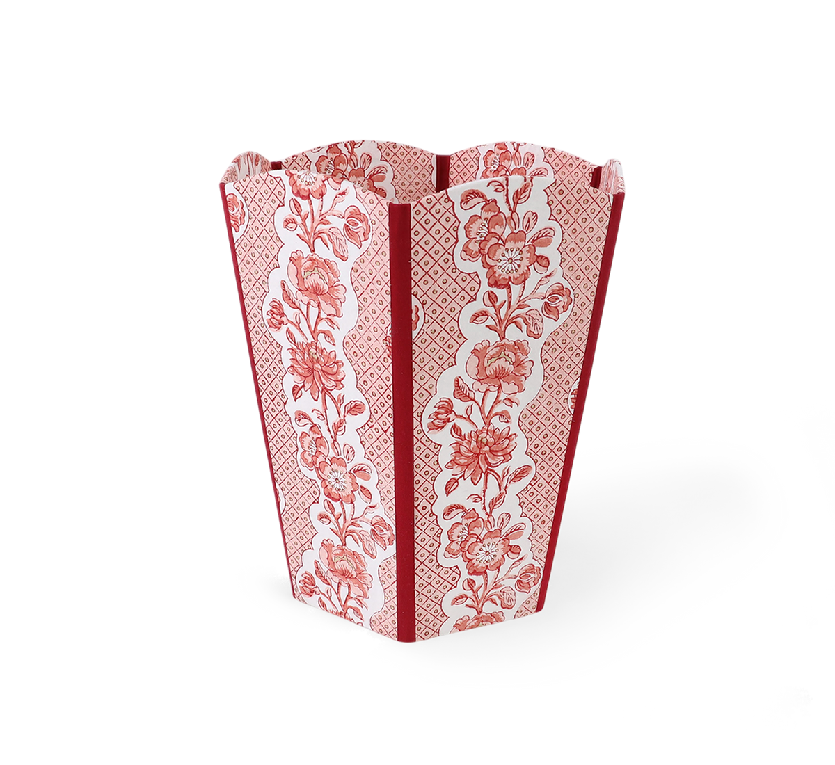 Garnet Red Blooming Trellis – Hand Block Printed Scalloped Basket (9.5" W x 9.5" D x 12" H.)