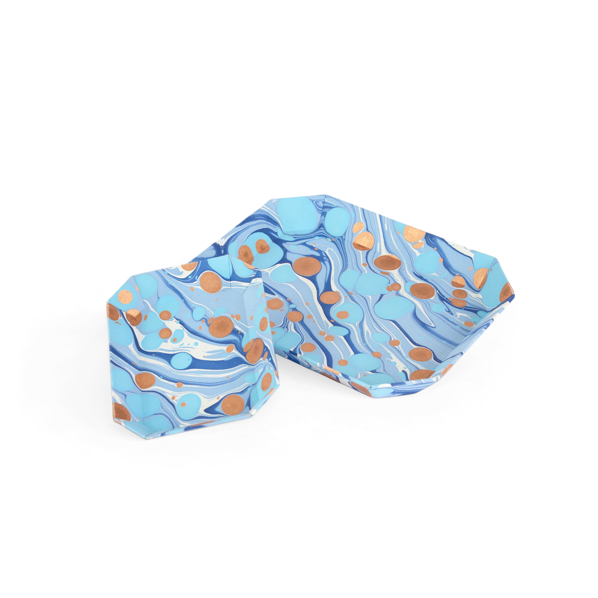 Harbor Blue Pebble – Hand Marbled Octagon Tray Set (Set of 2) (Large: 9" x 11" x 1.5")