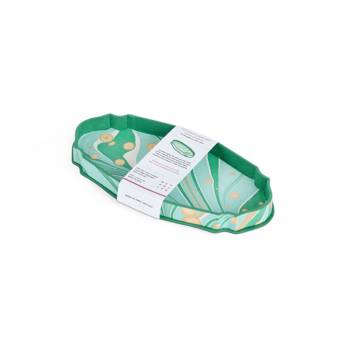 Celadon Green Fire Whirl – Hand Marbled Victorian Desk Tray (9.25" x 4.75" x 1")