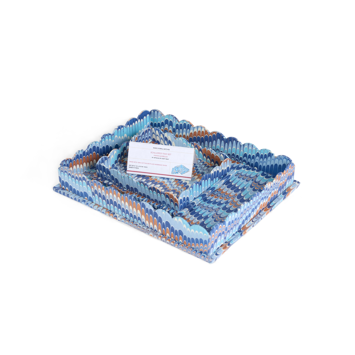 Harbor Blue Mountain – Hand Marbled Tray Set (Set of 2) (Large: 12" x 9.5" x 1.5") ( Small: 5.5" X 6.75" X 1.5")