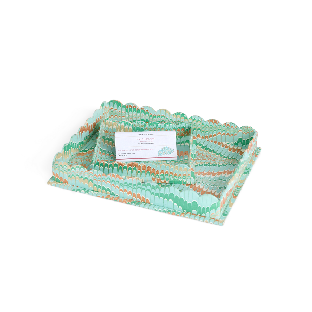 Celadon Green Mountain – Hand Marbled Tray Set (Set of 2) (Large: 12" x 9.5" x 1.5") ( Small: 5.5" X 6.75" X 1.5")