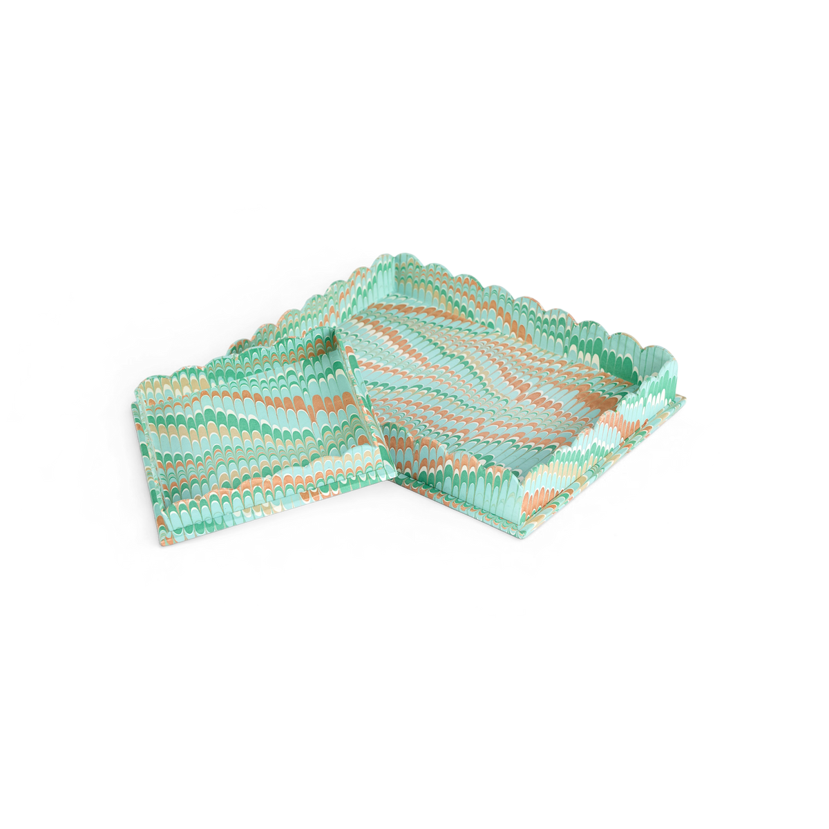 Celadon Green Mountain – Hand Marbled Tray Set (Set of 2) (Large: 12" x 9.5" x 1.5") ( Small: 5.5" X 6.75" X 1.5")
