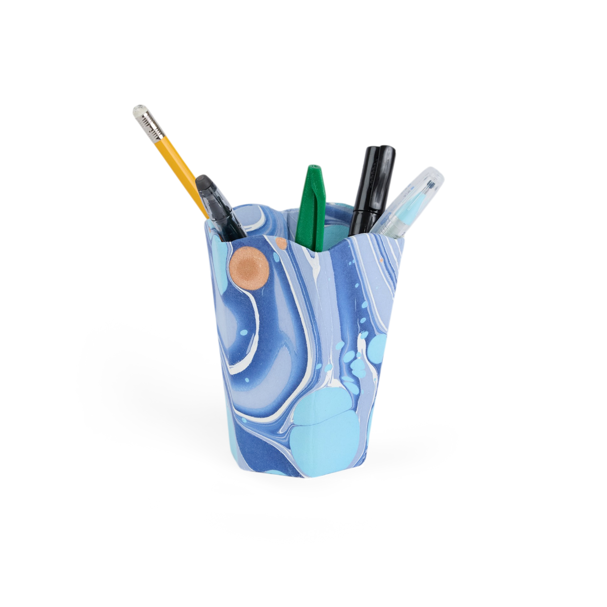 Harbor Blue Fire Whirl – Hand Marbled Scalloped Pen Pot (3.25" W x 3.25" D x 4.5" H)
