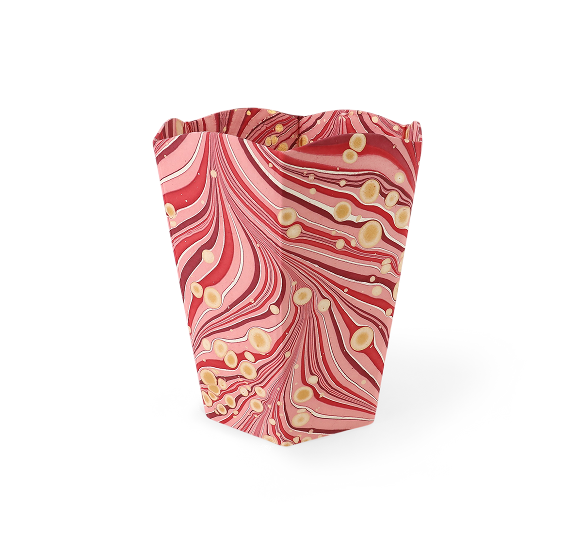 Garnet Red Fire Whirl – Hand Marbled Scalloped Basket (9.5" W x 9.5" D x 12" H.)