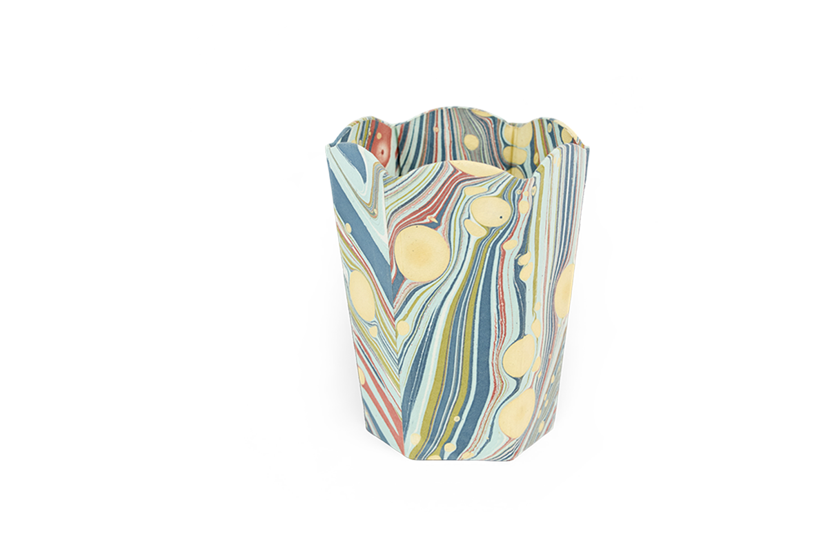 Ocean Drift – Hand Marbled Scalloped Pen Pot (3.25" W x 3.25" D x 4.5" H )