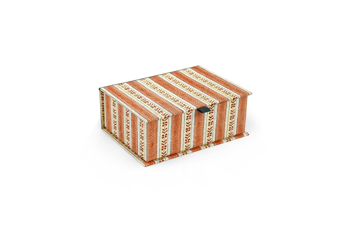 Amber Vine Stripe – Hand Block Printed Keepsake Box (6.75” x 5” x 2.75” | 100% Recycled Cotton Paper)