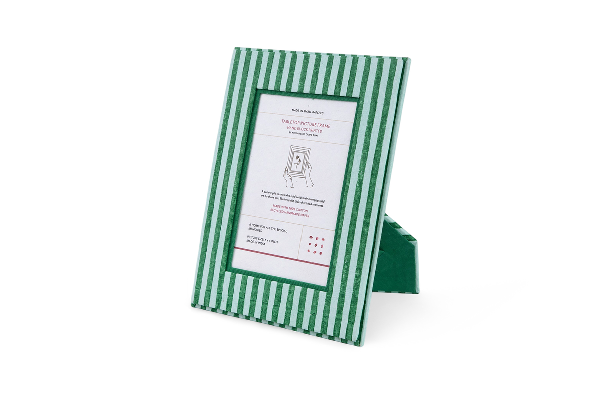 Celadon Green Classic Stripe – Hand Block Printed Tabletop Picture Frame (7.25" x 5.75", fits 6" x 4" photo)