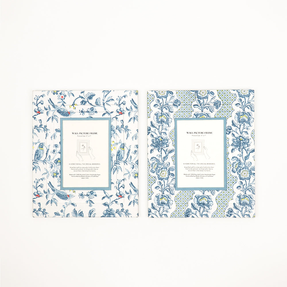Azure Bloom – Hand Block Printed Wall Picture Frame (12" x 10", fits 7" x 5" photo)