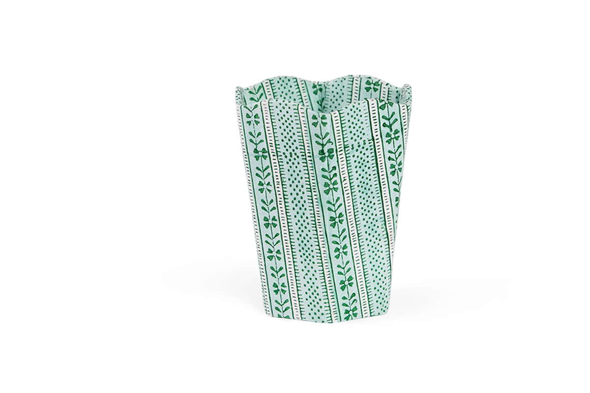 Celadon Green Floral Stripe – Hand Block Printed Scalloped Pen Pot (3.25" W x 3.25" D x 4.5" H)