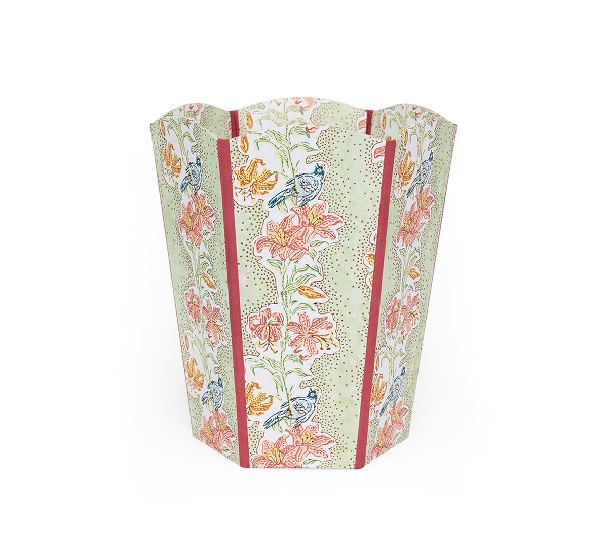Parrot Garden – Hand Block Printed Scalloped Basket (9.5" W x 9.5" D x 12" H.)