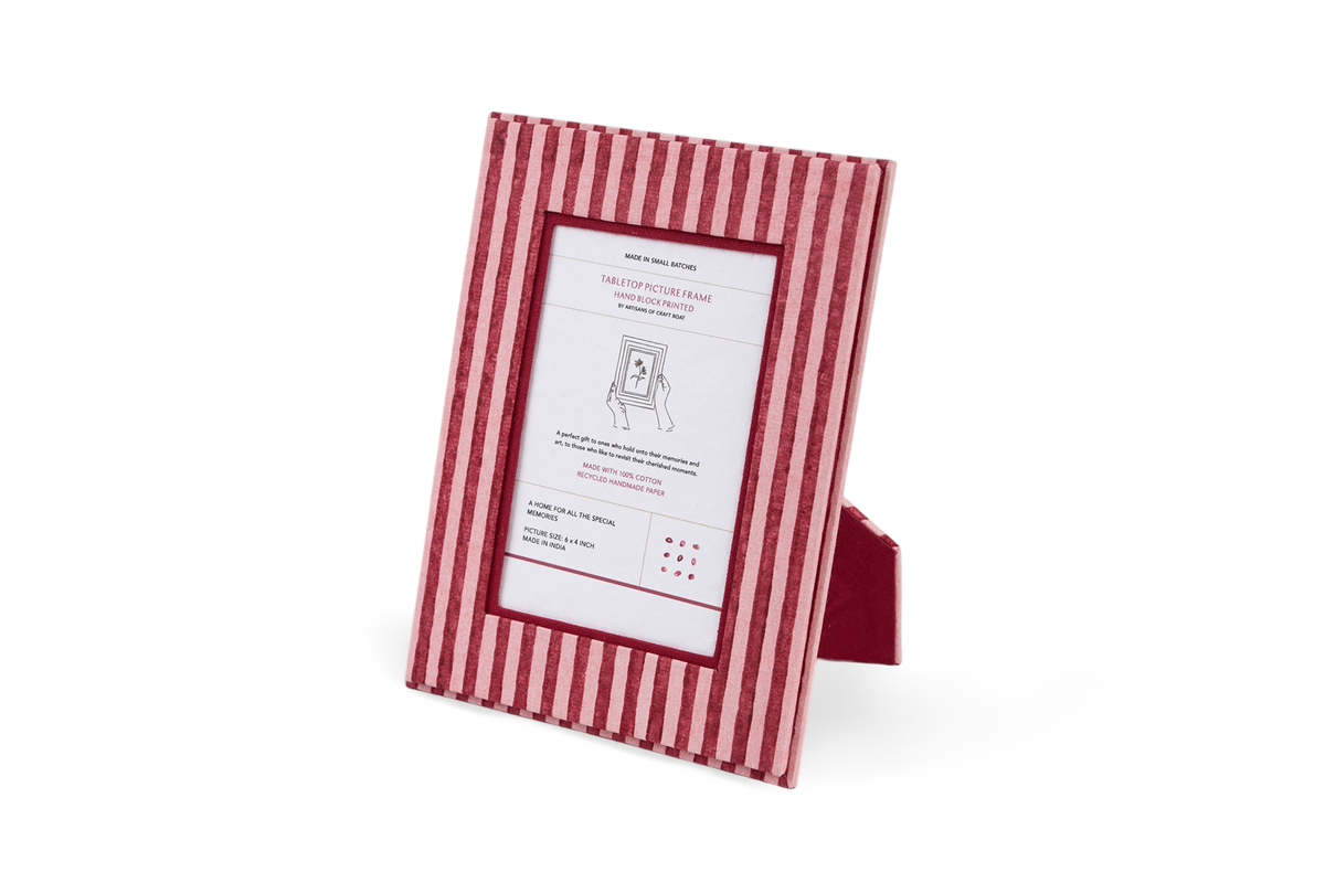 Garnet Red Classic Stripe – Hand Block Printed Tabletop Picture Frame (7.25" x 5.75", fits 6" x 4" photo)