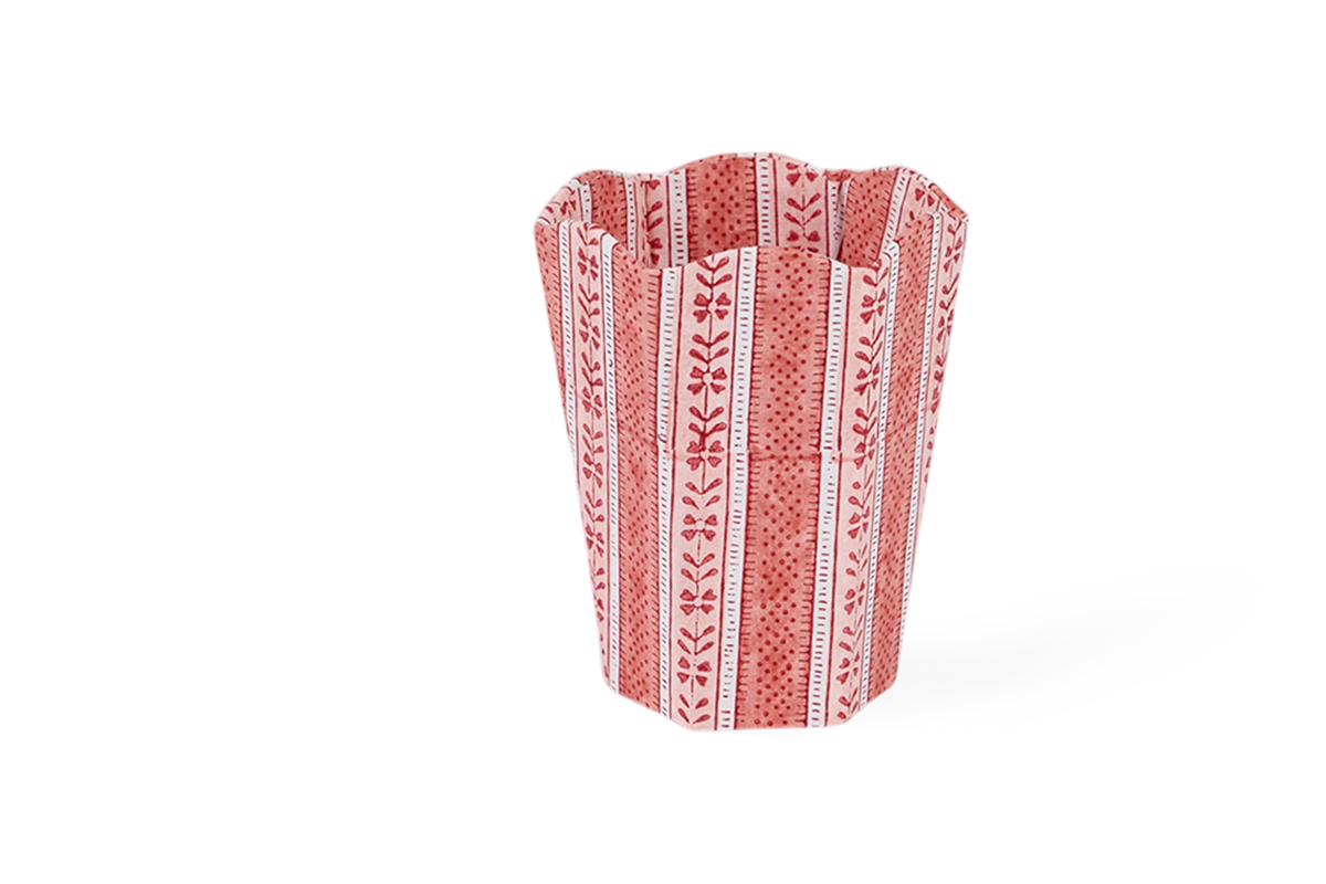 Garnet Red Floral Stripe – Hand Block Printed Scalloped Pen Pot (3.25" W x 3.25" D x 4.5" H )