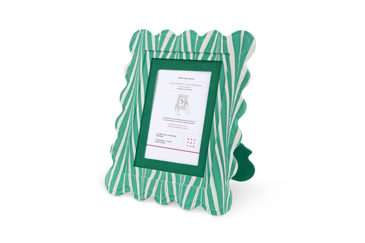 Celadon Green Banyan – Hand Marbled Scalloped Picture Frame | 12" x 10", fits 7" x 5" photo