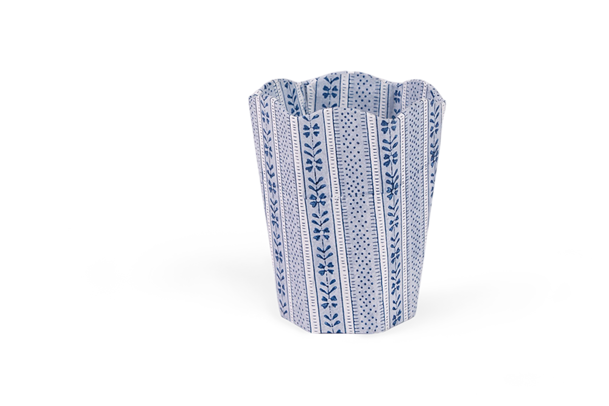 Harbor Blue Floral Stripe – Hand Block Printed Scalloped Pen Pot (3.25" W x 3.25" D x 4.5" H)