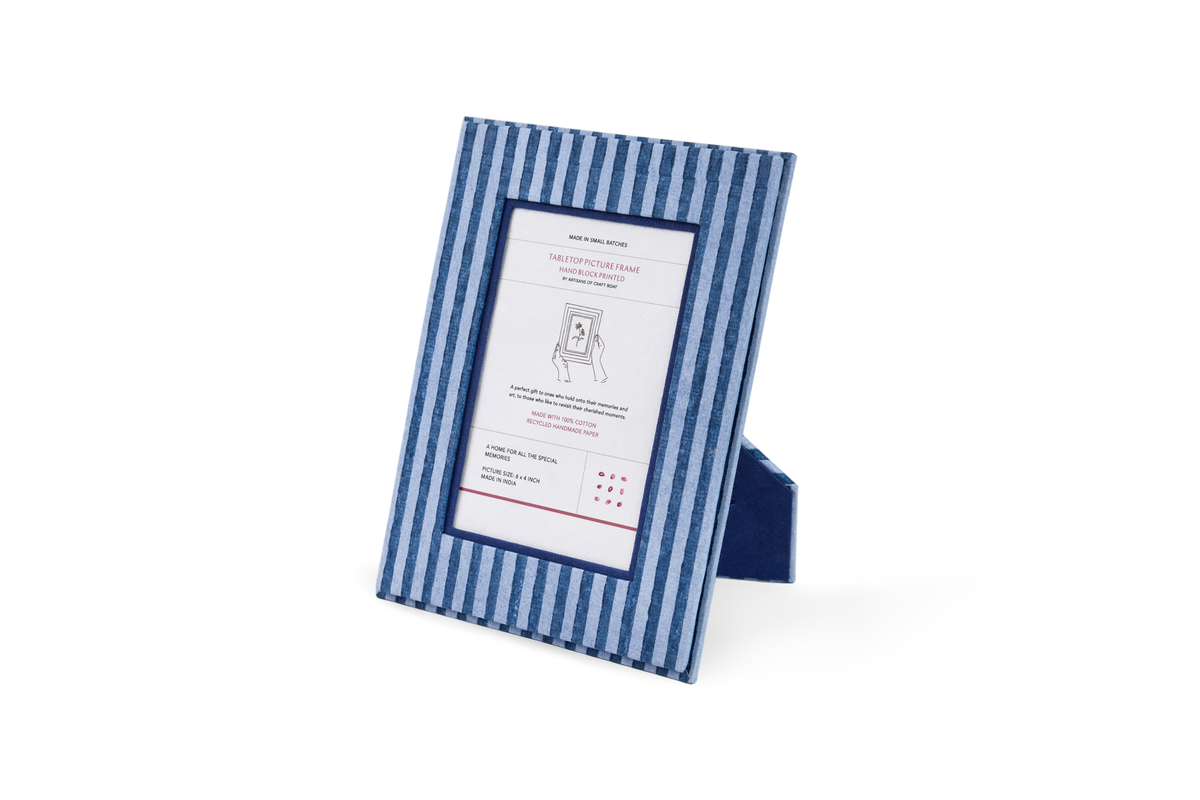 Harbor Blue Classic Stripe – Hand Block Printed Tabletop Picture Frame (7.25" x 5.75", fits 6" x 4" photo)