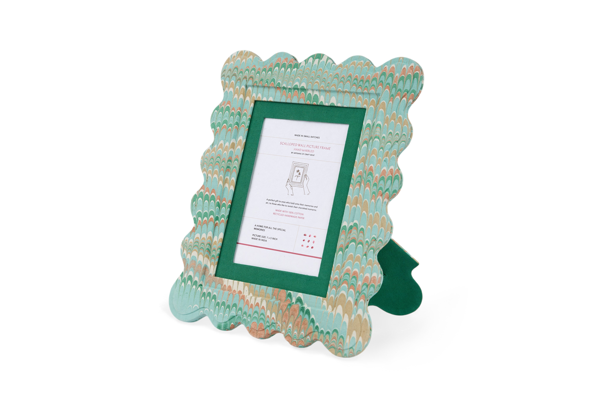 Celadon Green Mountain – Hand Marbled Scalloped Picture Frame | 12" x 10", fits 7" x 5" photo