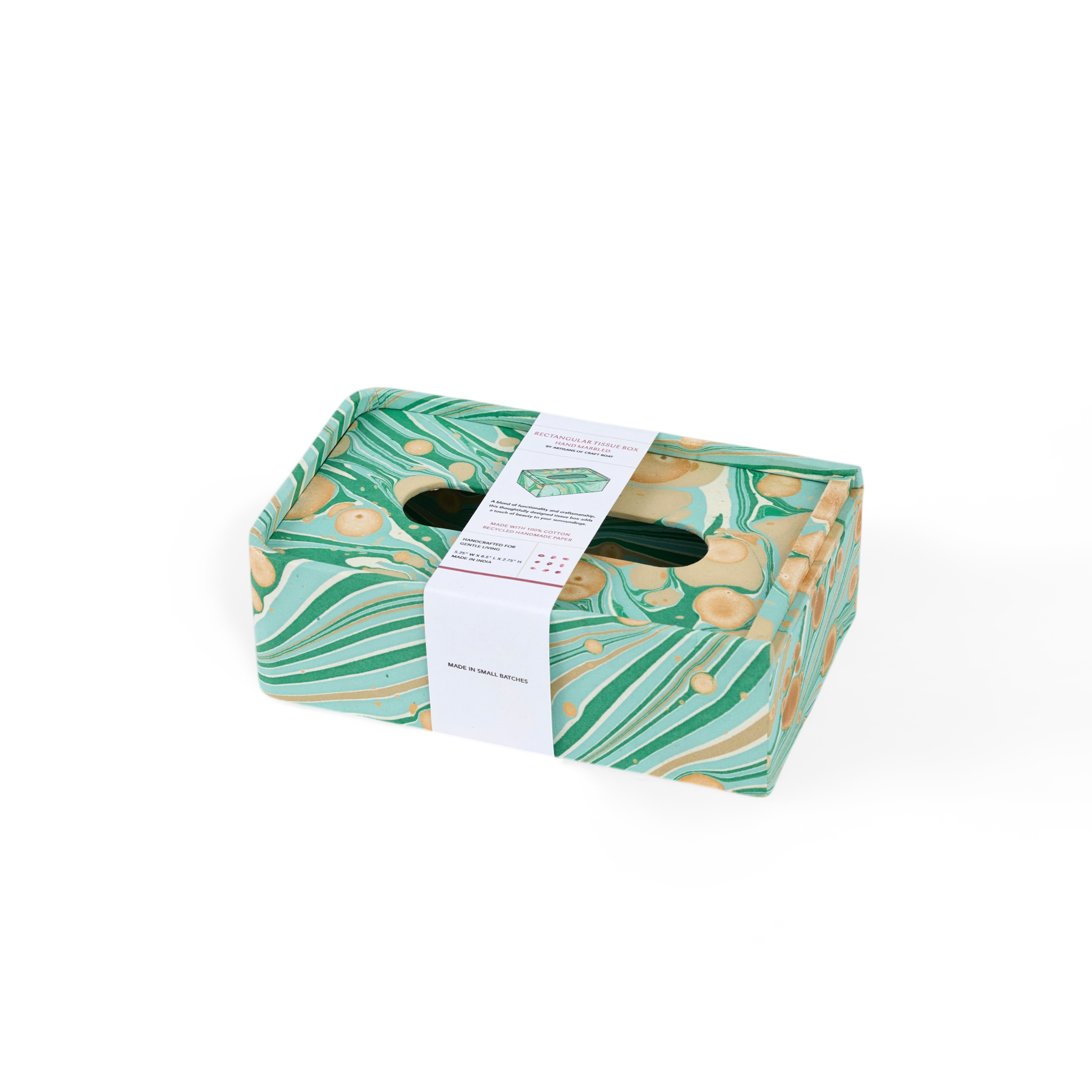 Celadon Green Fire Whirl – Hand Marbled Tissue Box Cover (5.25” W x 8.5” L x 2.75” H)