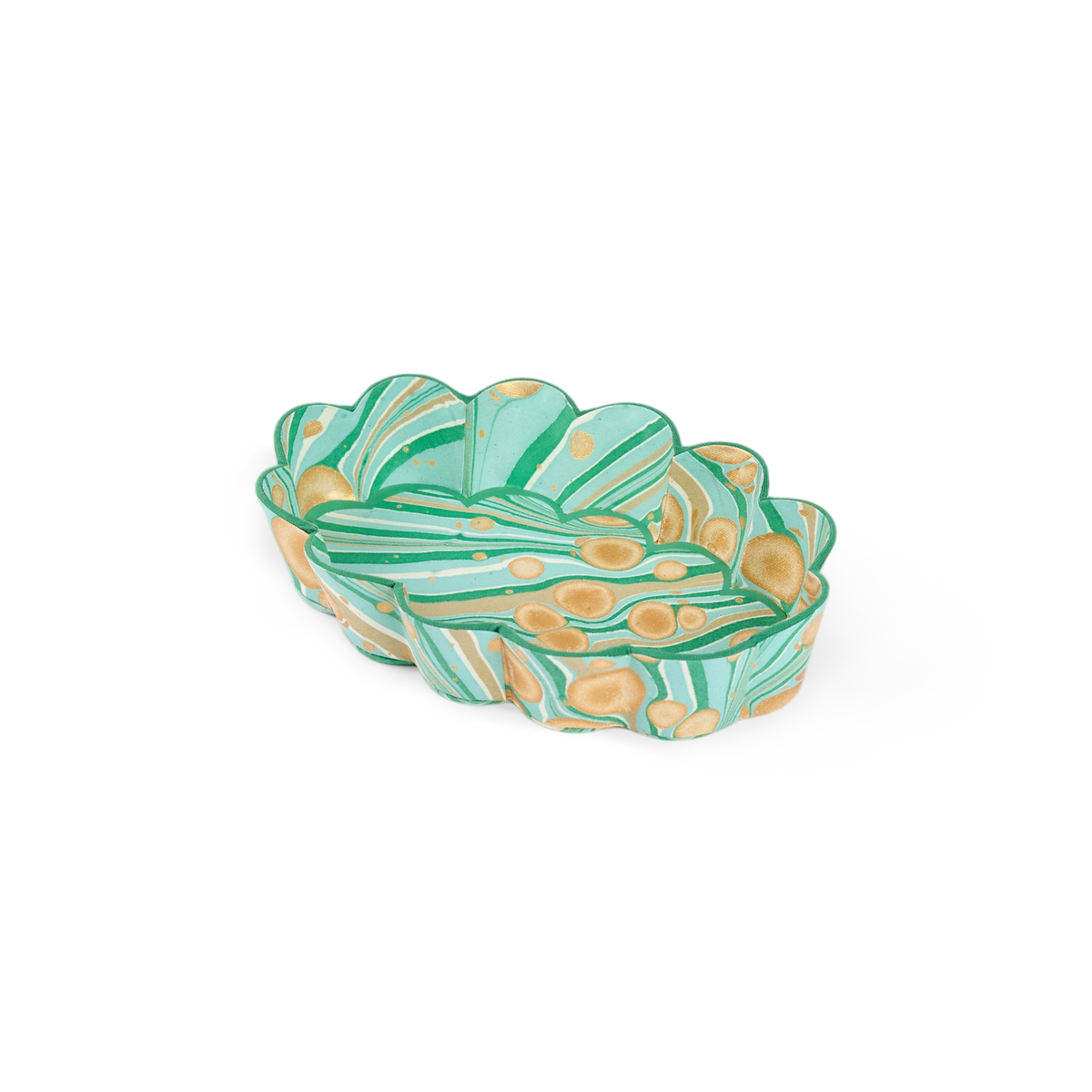 Celadon Green Fire Whirl – Hand Marbled Scalloped Tray (7.5" x 5.25" x 1.6")