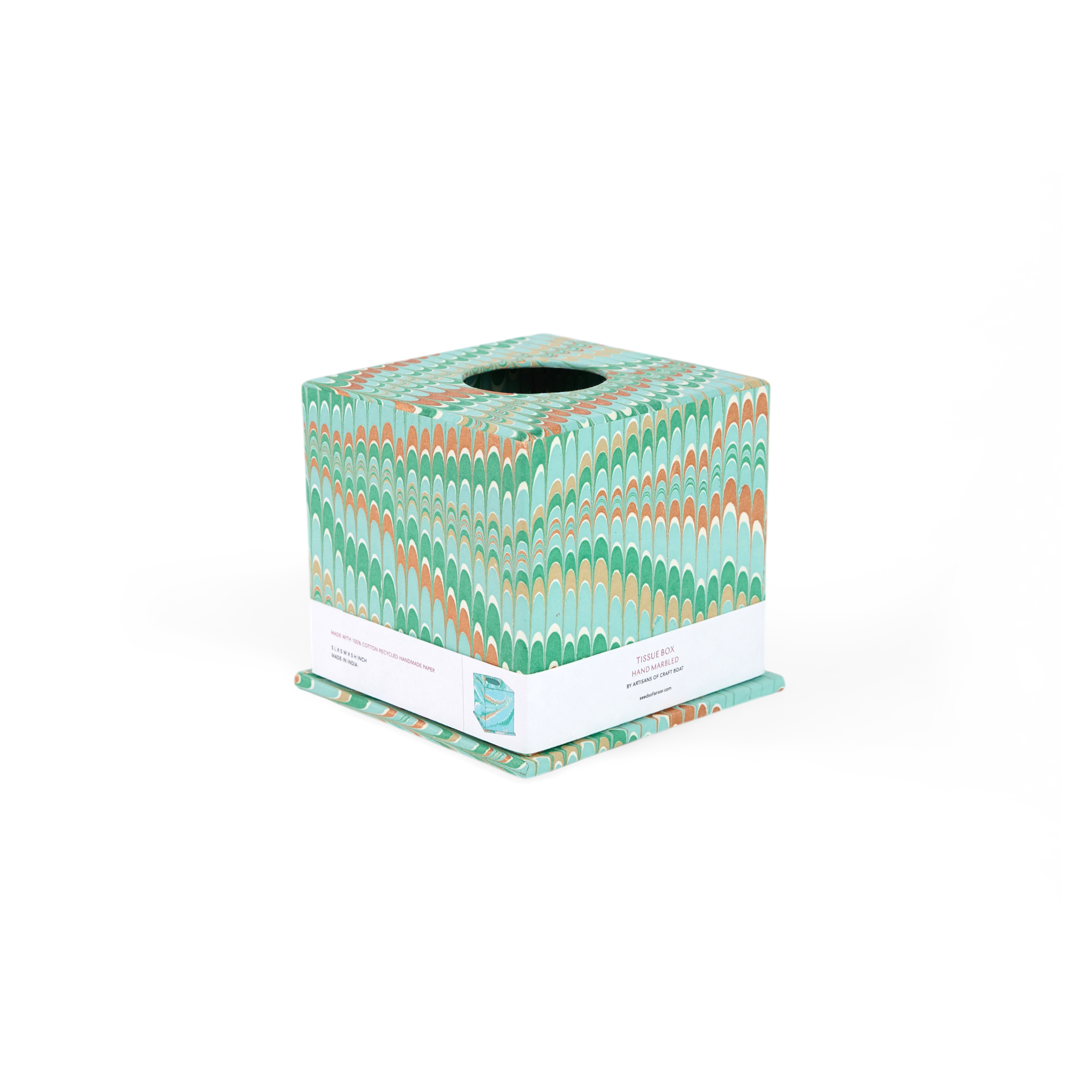 Celadon Green Mountain – Hand Marbled Tissue Box (5.25” H × 5” W × 5” D | 100% Recycled Cotton Paper)
