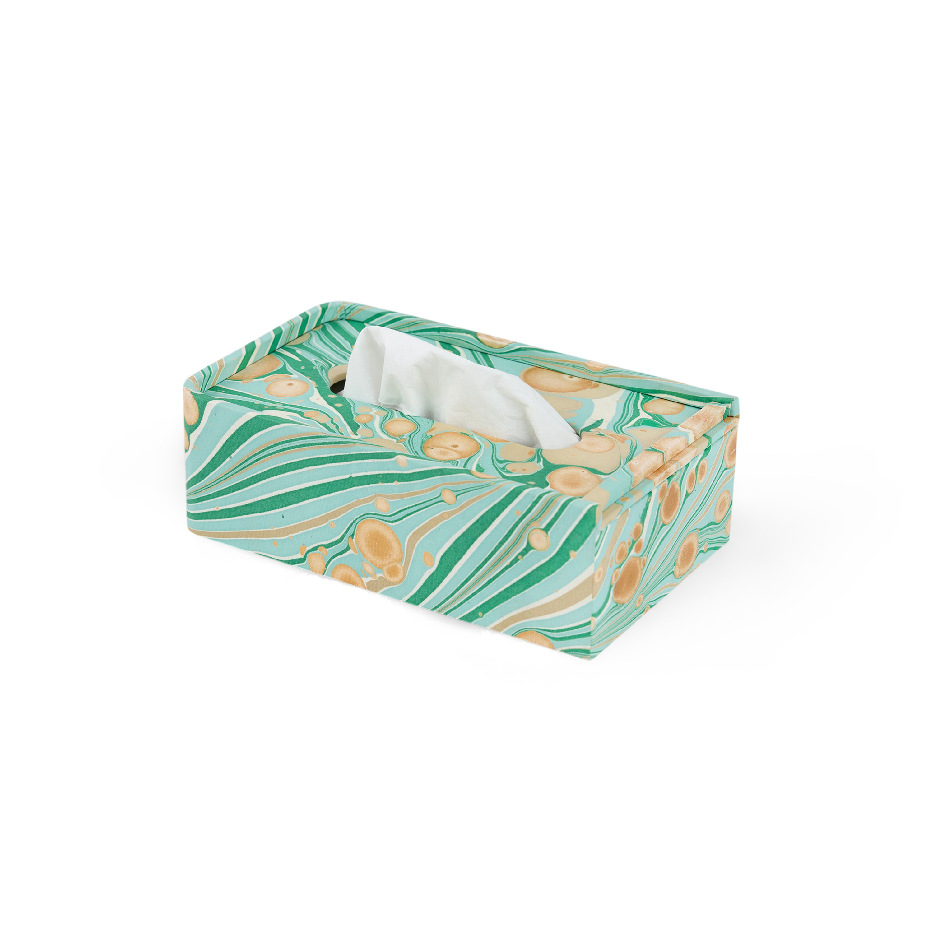 Celadon Green Fire Whirl – Hand Marbled Tissue Box Cover (5.25” W x 8.5” L x 2.75” H)