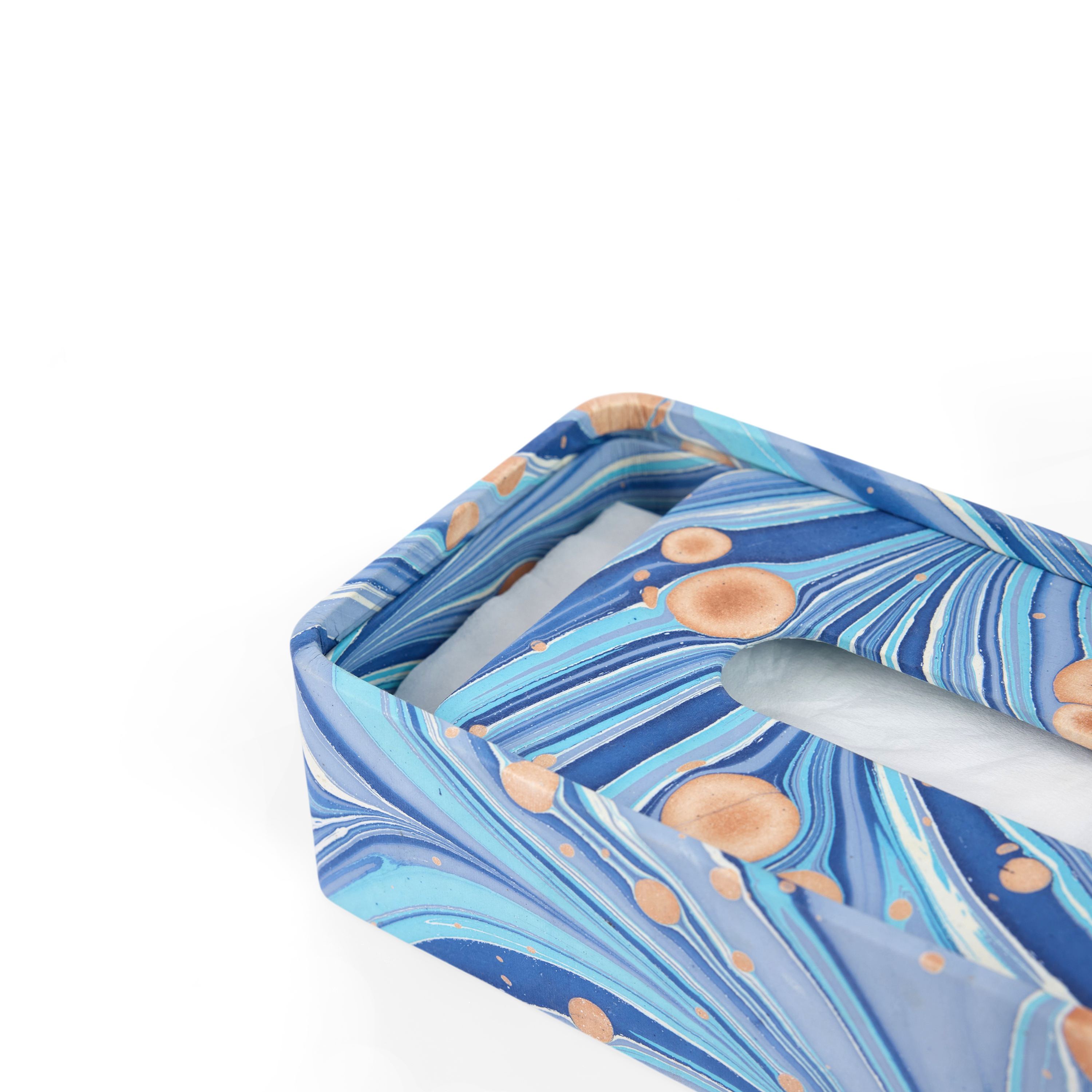 Harbor Blue Fire Whirl – Hand Marbled Tissue Box Cover (5.25” W x 8.5” L x 2.75” H)