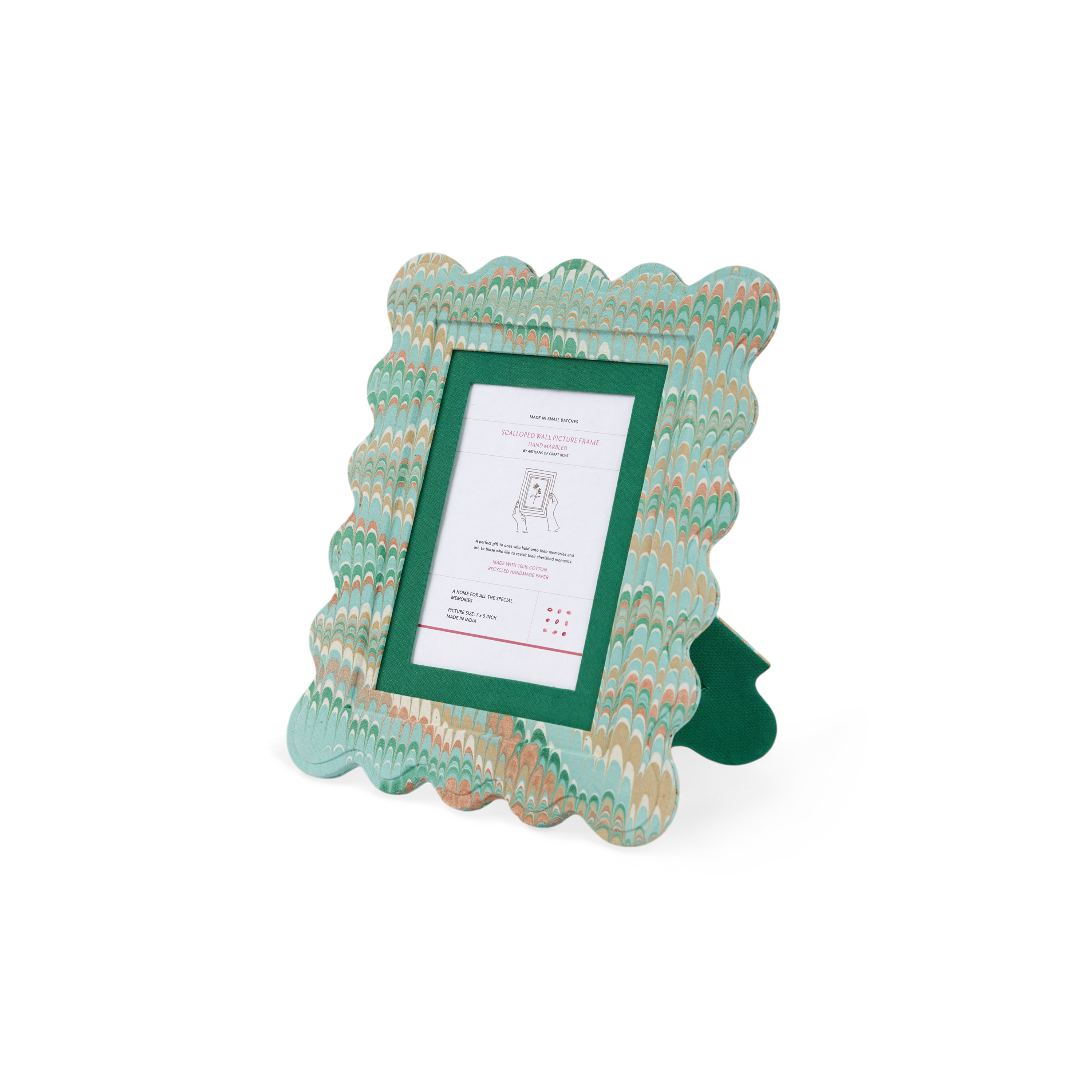 Celadon Green Mountain – Hand Marbled Scalloped Picture Frame | 12" x 10", fits 7" x 5" photo