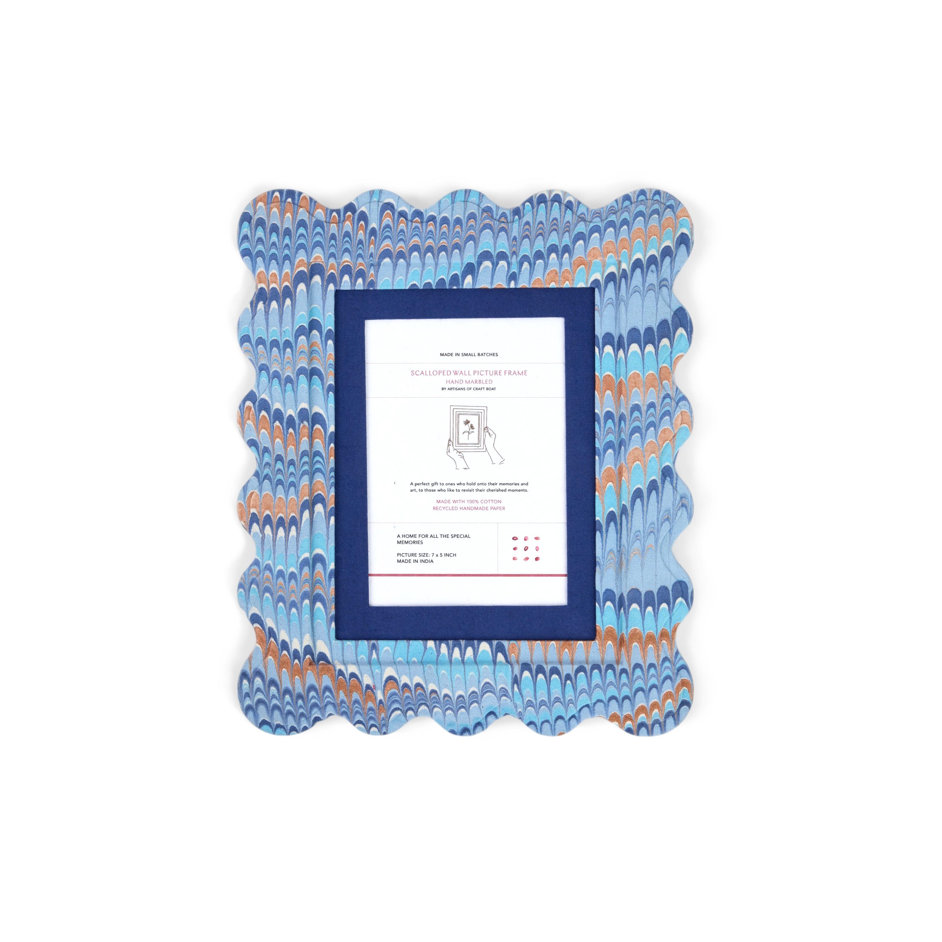 Harbor Blue Mountain – Hand Marbled Scalloped Picture Frame | 12" x 10", fits 7" x 5" photo