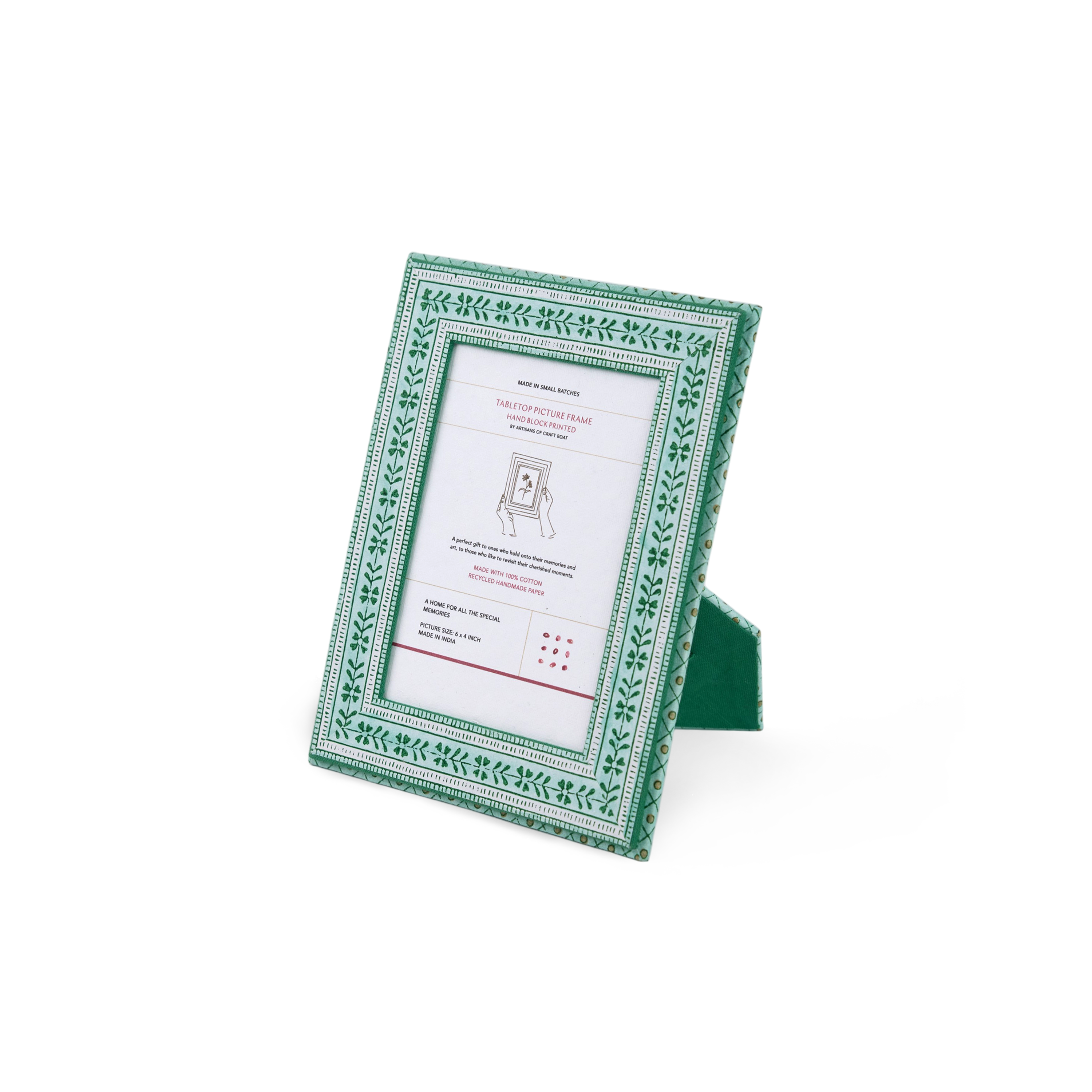 Celadon Green Floral Stripe – Hand Block Printed Tabletop Picture Frame (7.25" x 5.75", fits 6" x 4" photo)